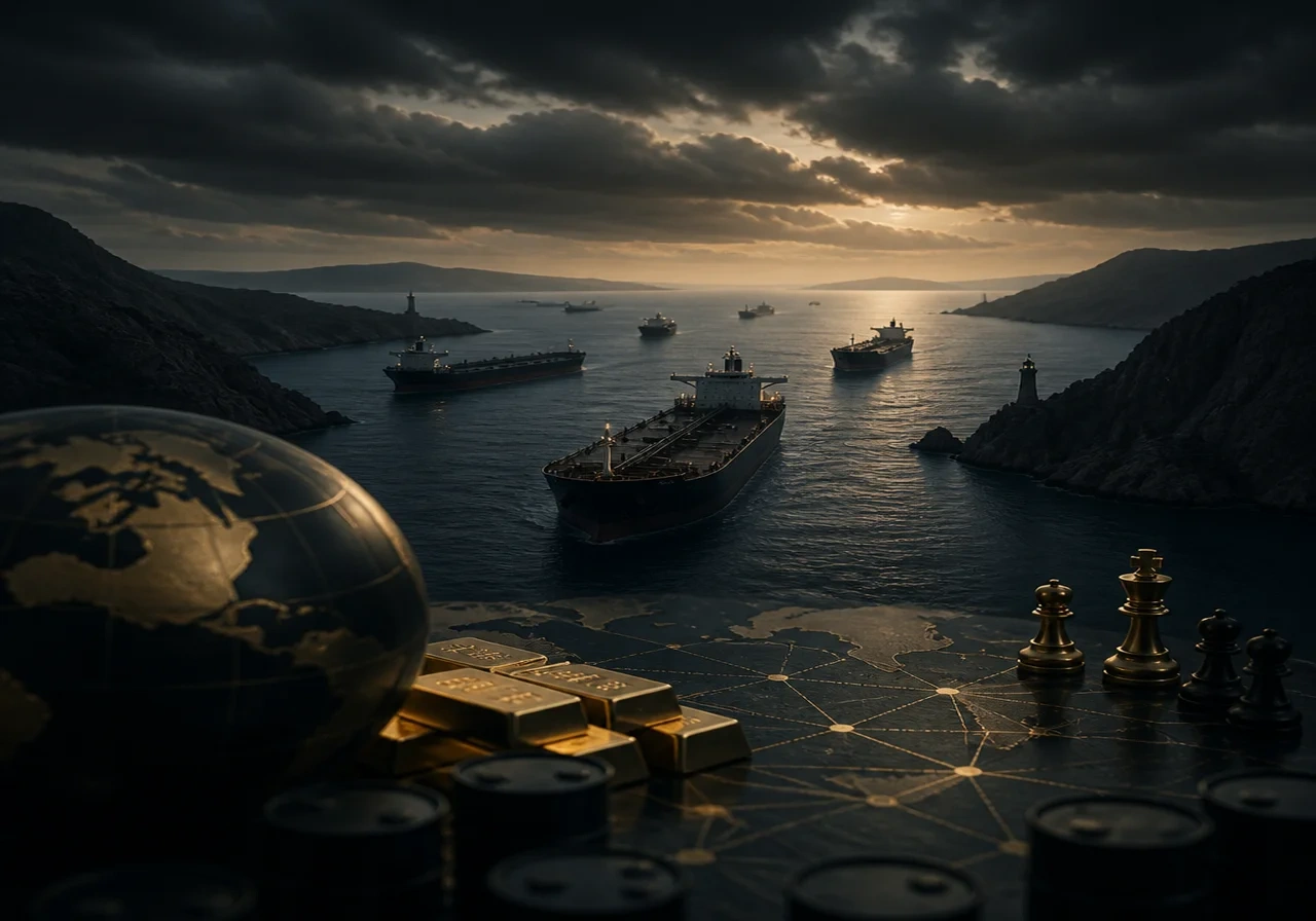 Editorial illustration of the Strait of Hormuz with oil tankers, symbolizing the geopolitical tension affecting bond markets.