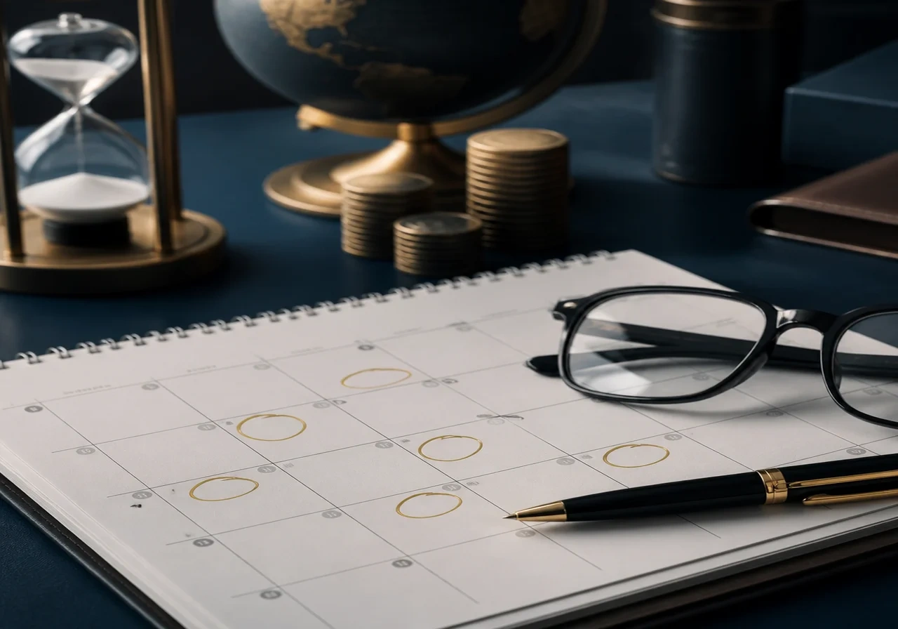 A close-up of a retirement planning calendar with dates circled, pen and reading glasses nearby.