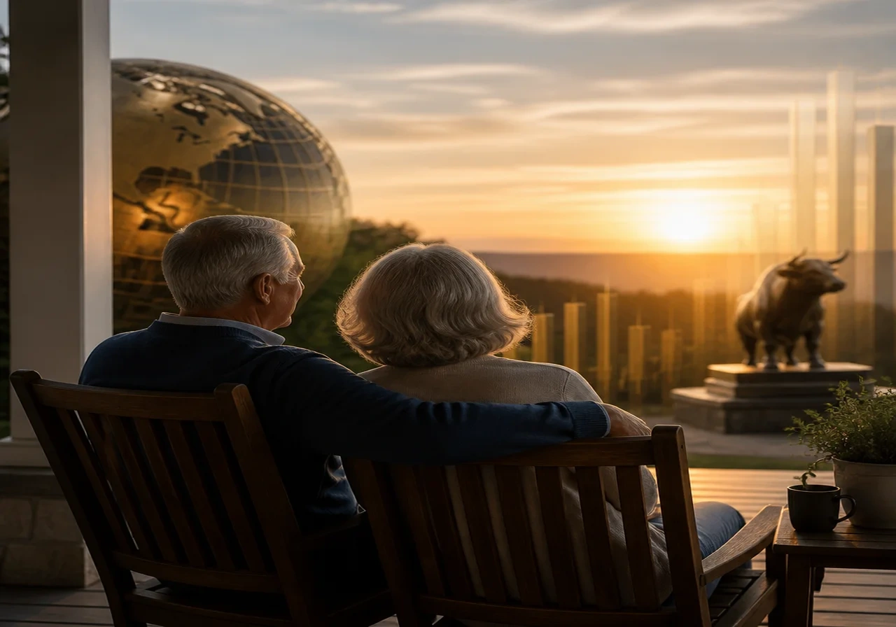 A smiling baby boomer couple sitting on a porch, representing financial security in retirement.