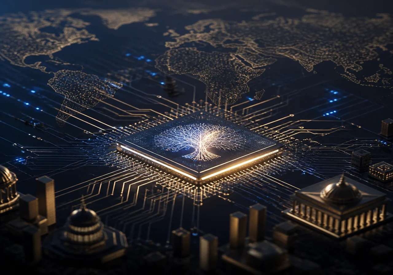 A glowing microchip with circuits resembling neural networks, set against a dark background, symbolizing AI processing power.