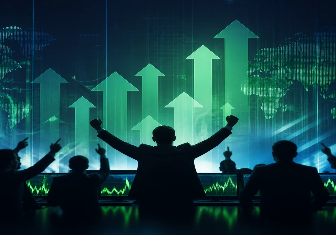 Silhouette of traders in front of a large digital display with green upward arrows, capturing market optimism and frenzy.