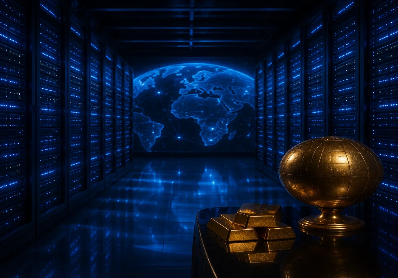 Interior of a modern data center with rows of servers and blue LED lights, symbolizing AI computing power.
