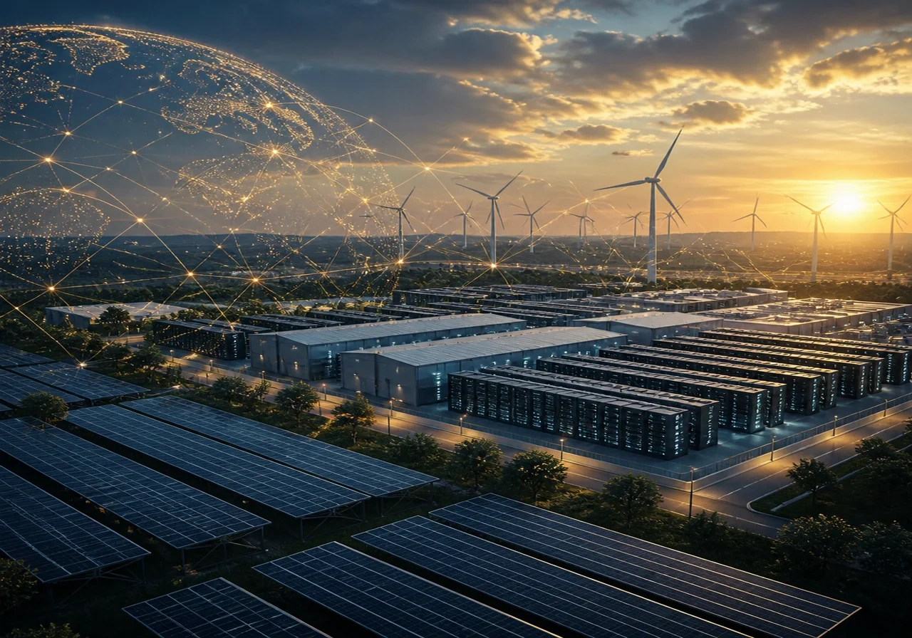 Aerial view of a modern data center with solar panels and wind turbines nearby, symbolizing AI-driven energy demand and renewable integration.