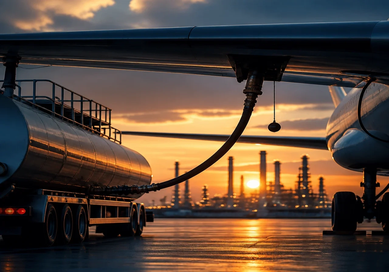 Close-up of an airline fuel truck refueling a passenger jet at sunset, with oil refinery in distant background.