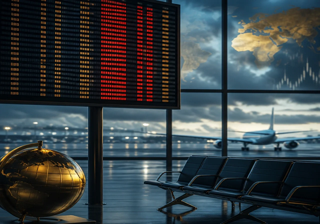 Empty airport departure lounge with flight status board showing delayed and cancelled flights, emphasizing travel disruption.
