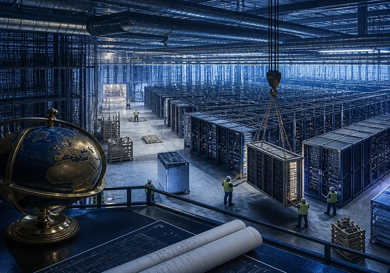 Massive data center under construction with rows of server racks being installed and cooling pipes overhead, representing AI infrastructure buildout.