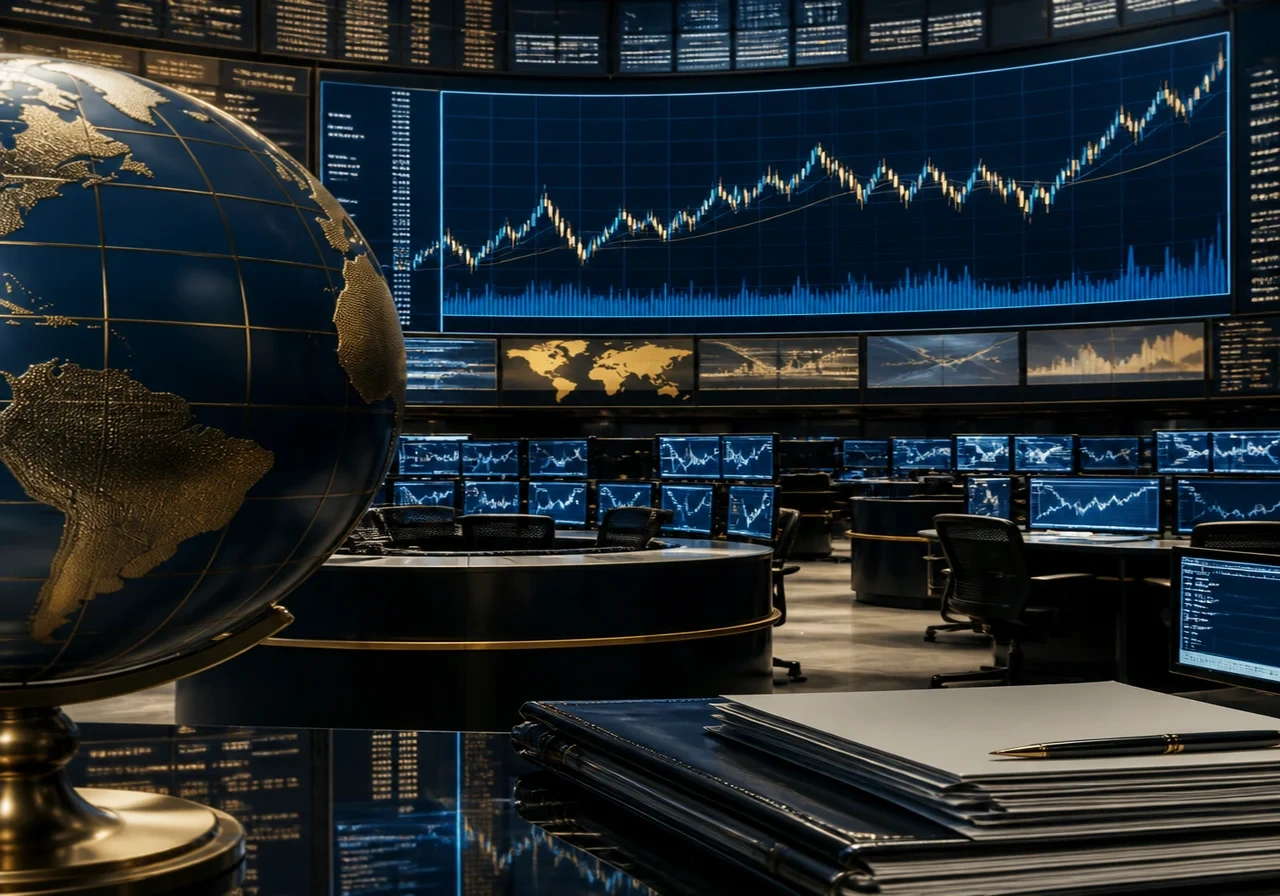 Stock exchange trading floor with screens displaying GOOGL stock price and 'Alphabet $80B offering' banner, symbolizing the equity sale.