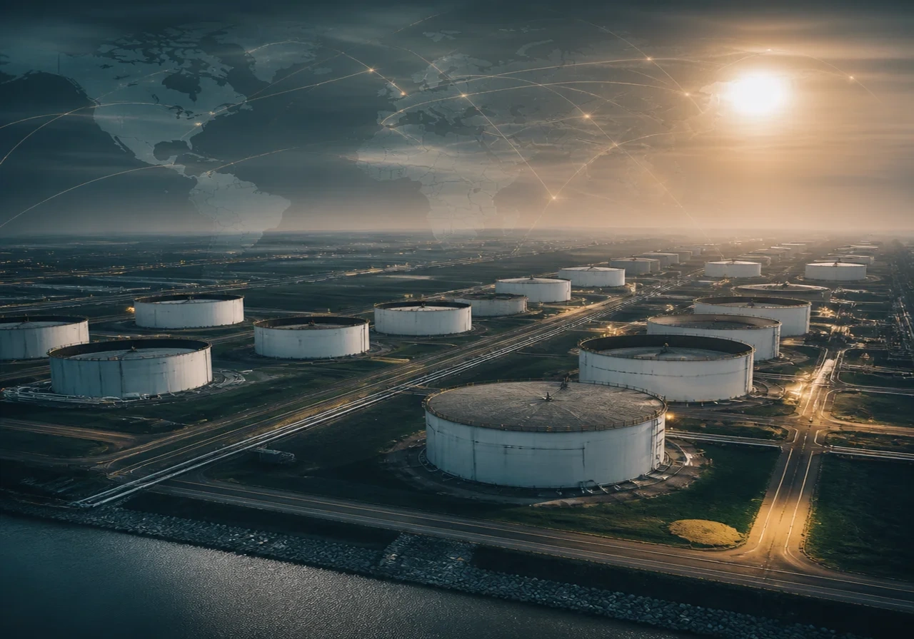 Aerial view of oil storage tanks at a US strategic petroleum reserve facility under a hazy sky