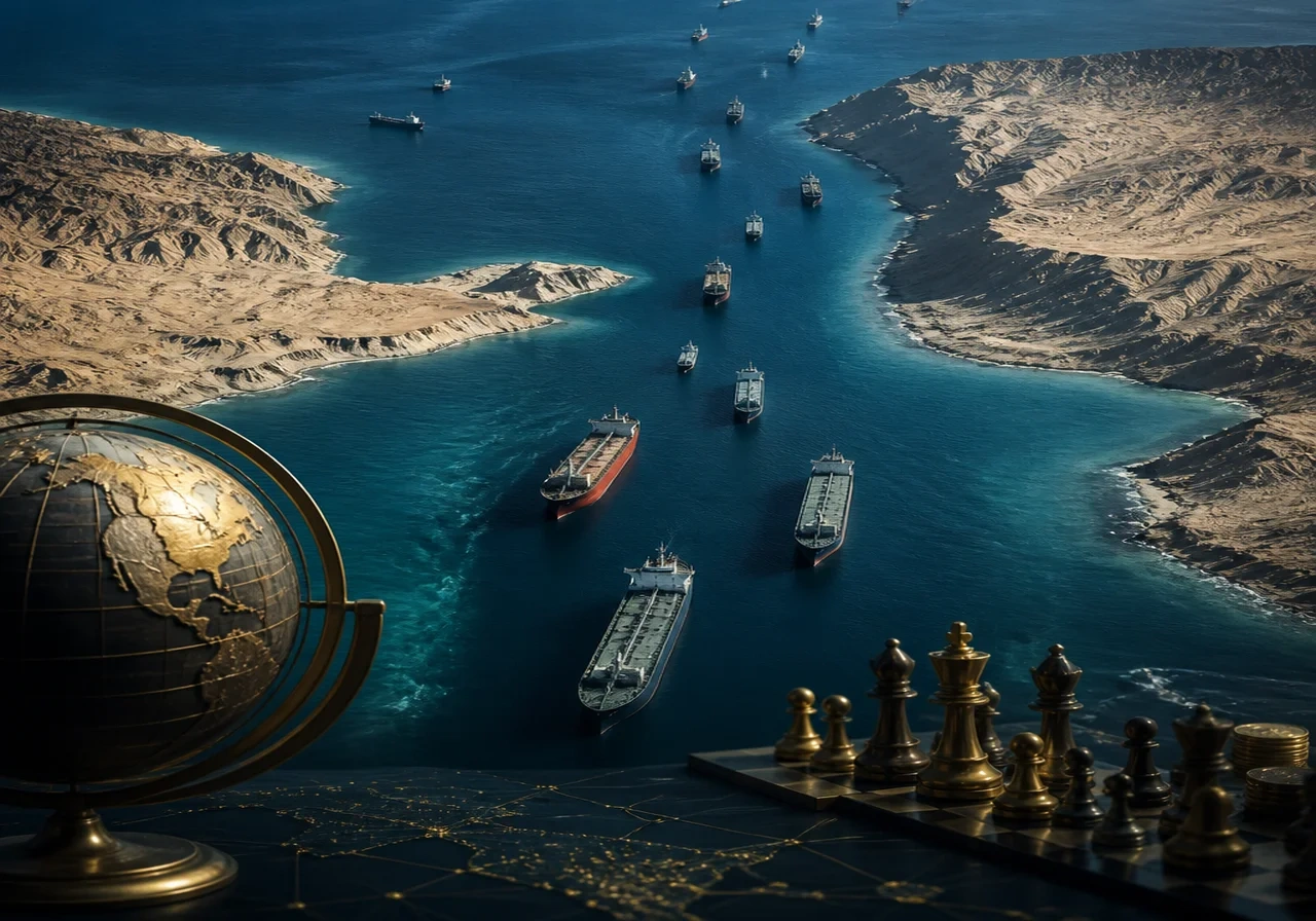 Satellite image of the Strait of Hormuz showing tankers queued near a narrow waterway