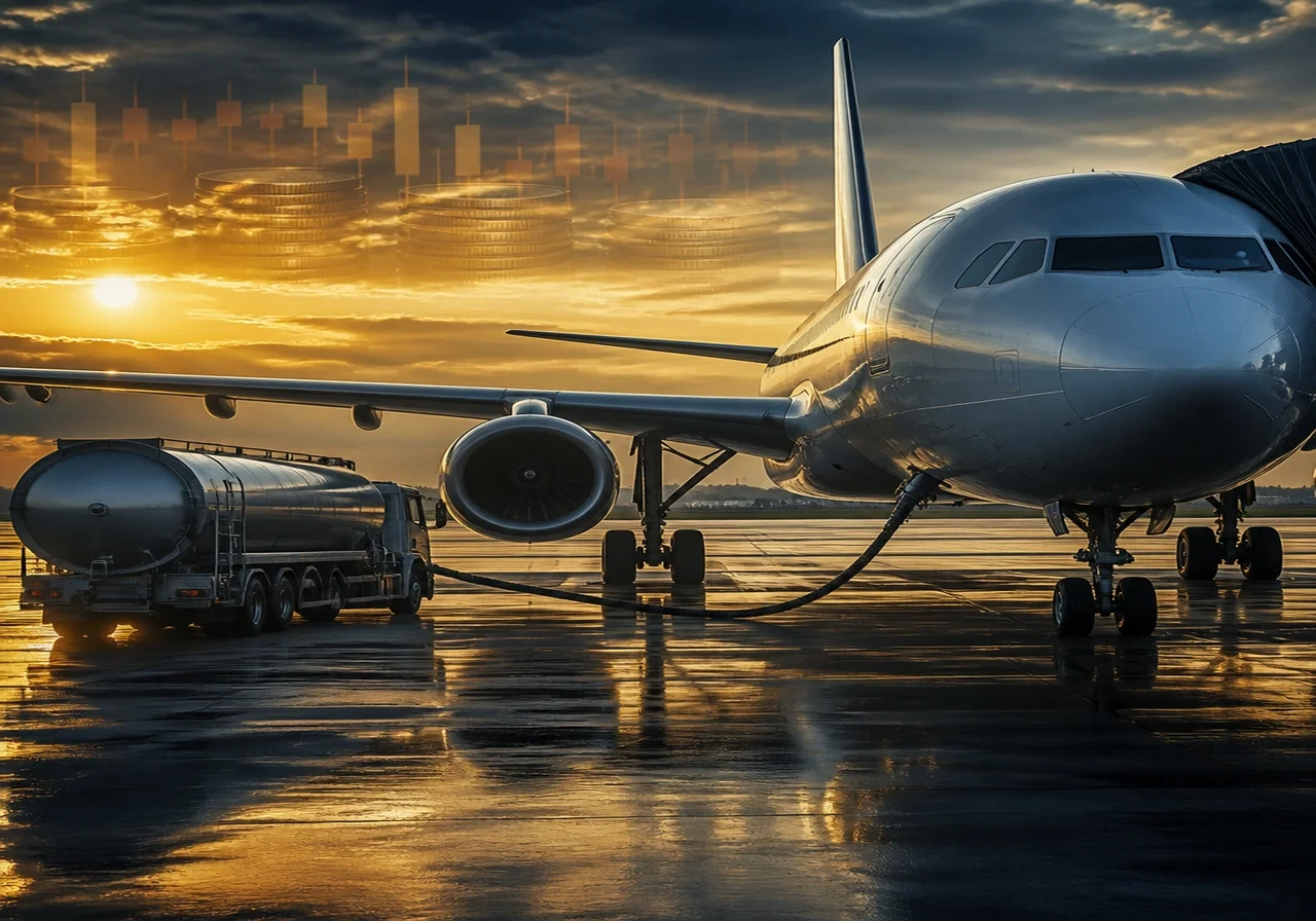 Airplane parked at gate with a fuel truck connected, set against a sunset sky, emphasizing high fuel costs.