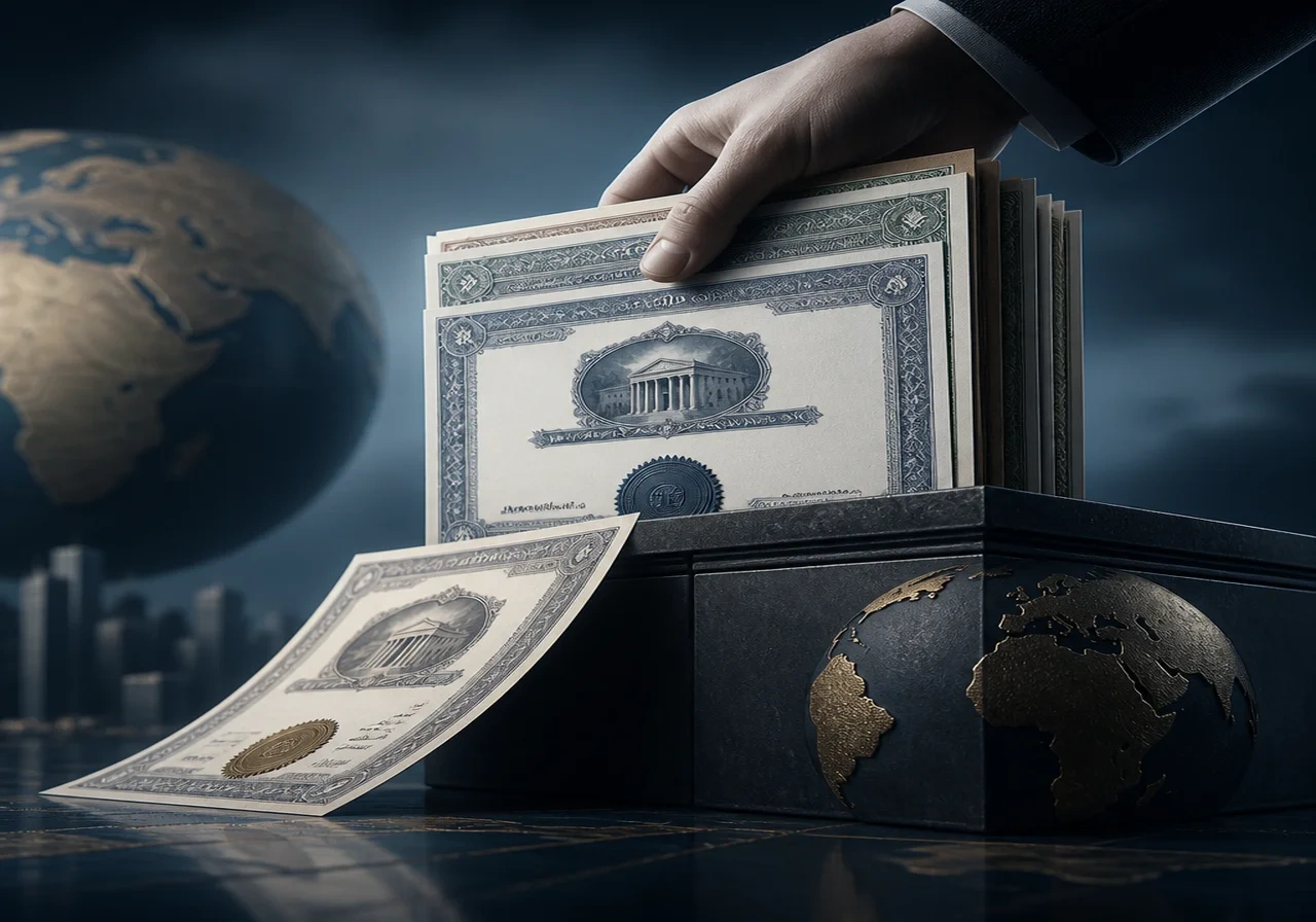 Illustration of a portfolio of stocks being removed by a hand, with one stock certificate slipping away, representing divestment
