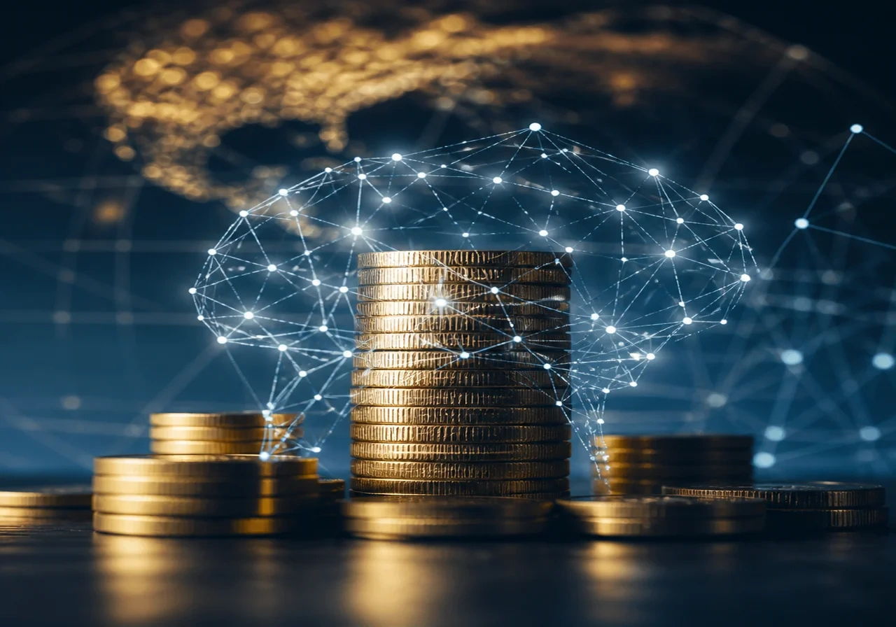 A stack of golden coins with a translucent neural network overlay, representing the intersection of investment and artificial intelligence.