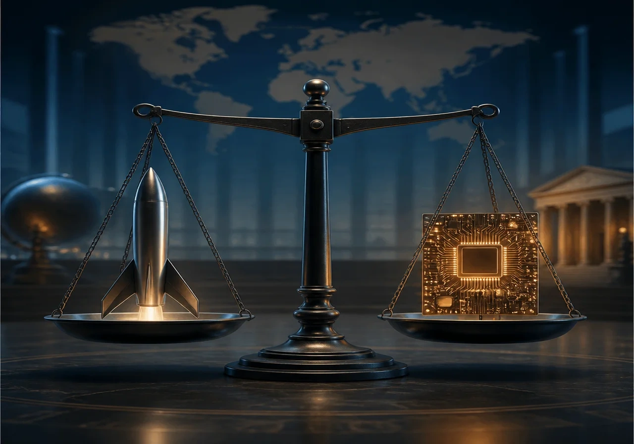 A balanced scale with a sleek rocket on one side and a glowing circuit board on the other, symbolizing the trade-off between SpaceX and Anthropic in IPO considerations.