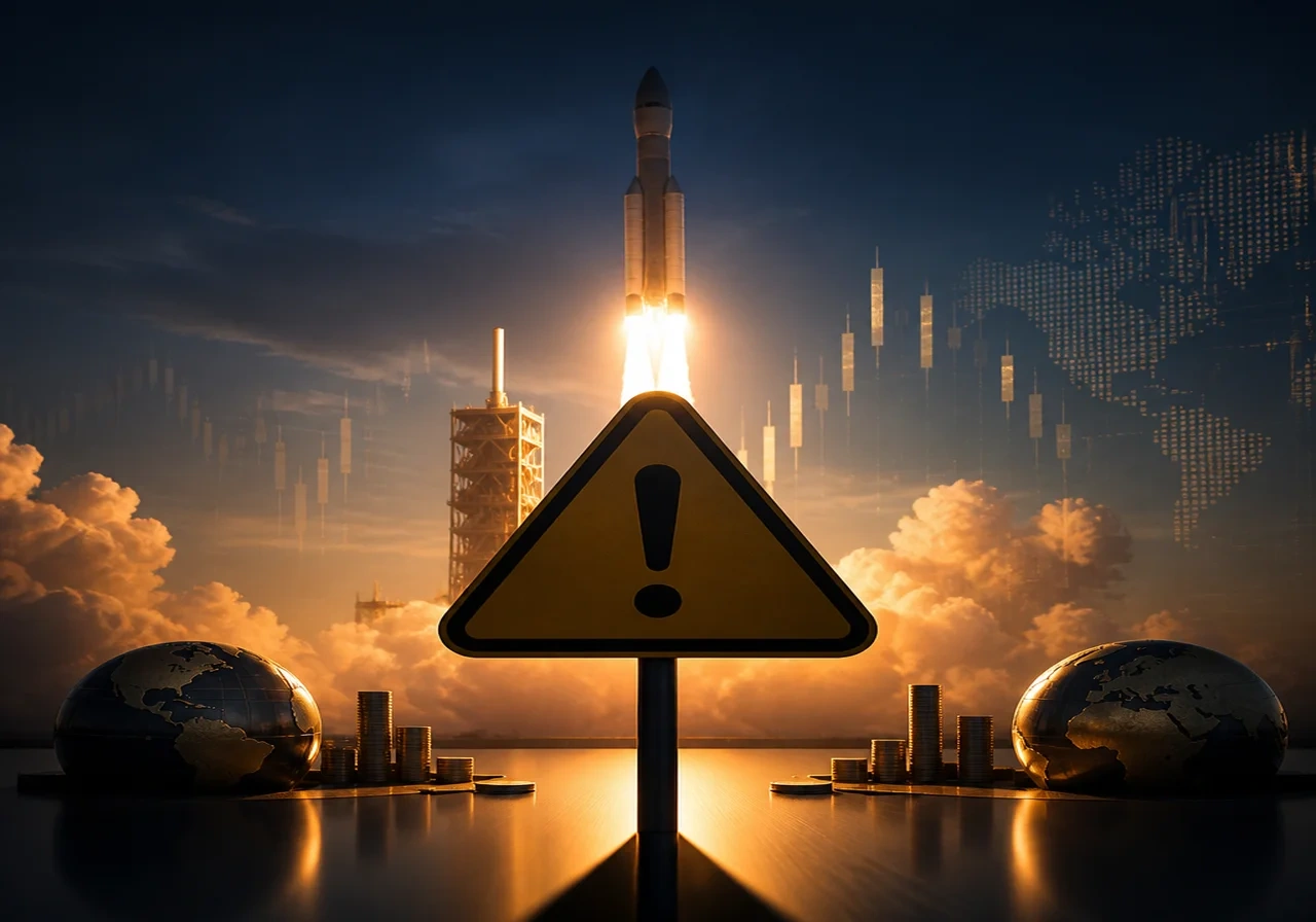 A caution sign silhouette in front of an ascending rocket, suggesting the warning signals around the SpaceX IPO valuation.