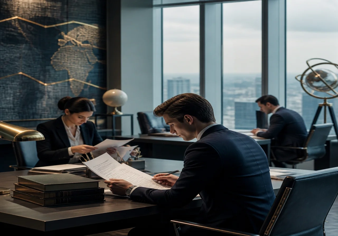 A modern law firm office with associates reviewing documents at desks, natural lighting.