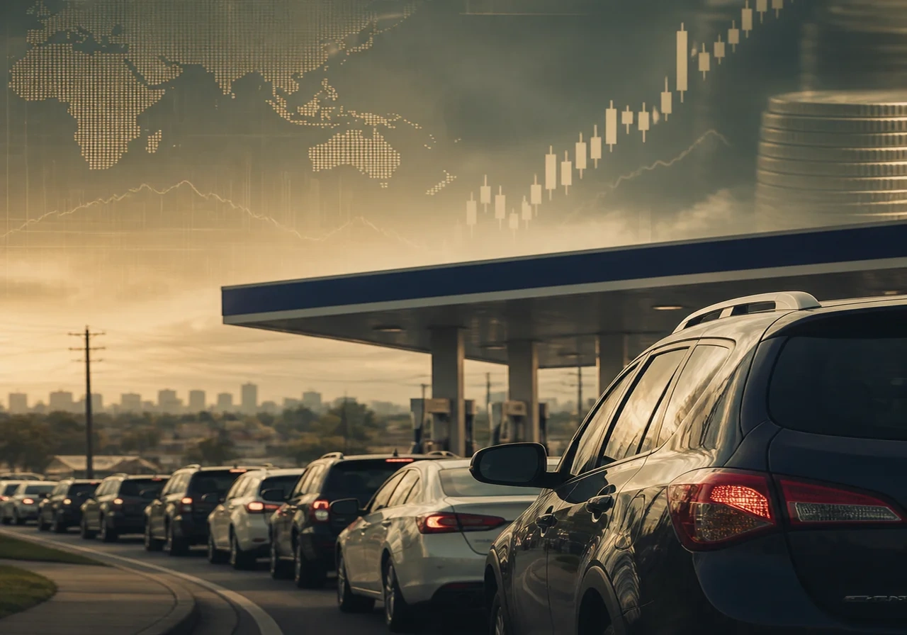 A long queue of cars at a petrol station in an Australian suburb, with price boards showing diesel above $3 per litre, under a hazy sky.