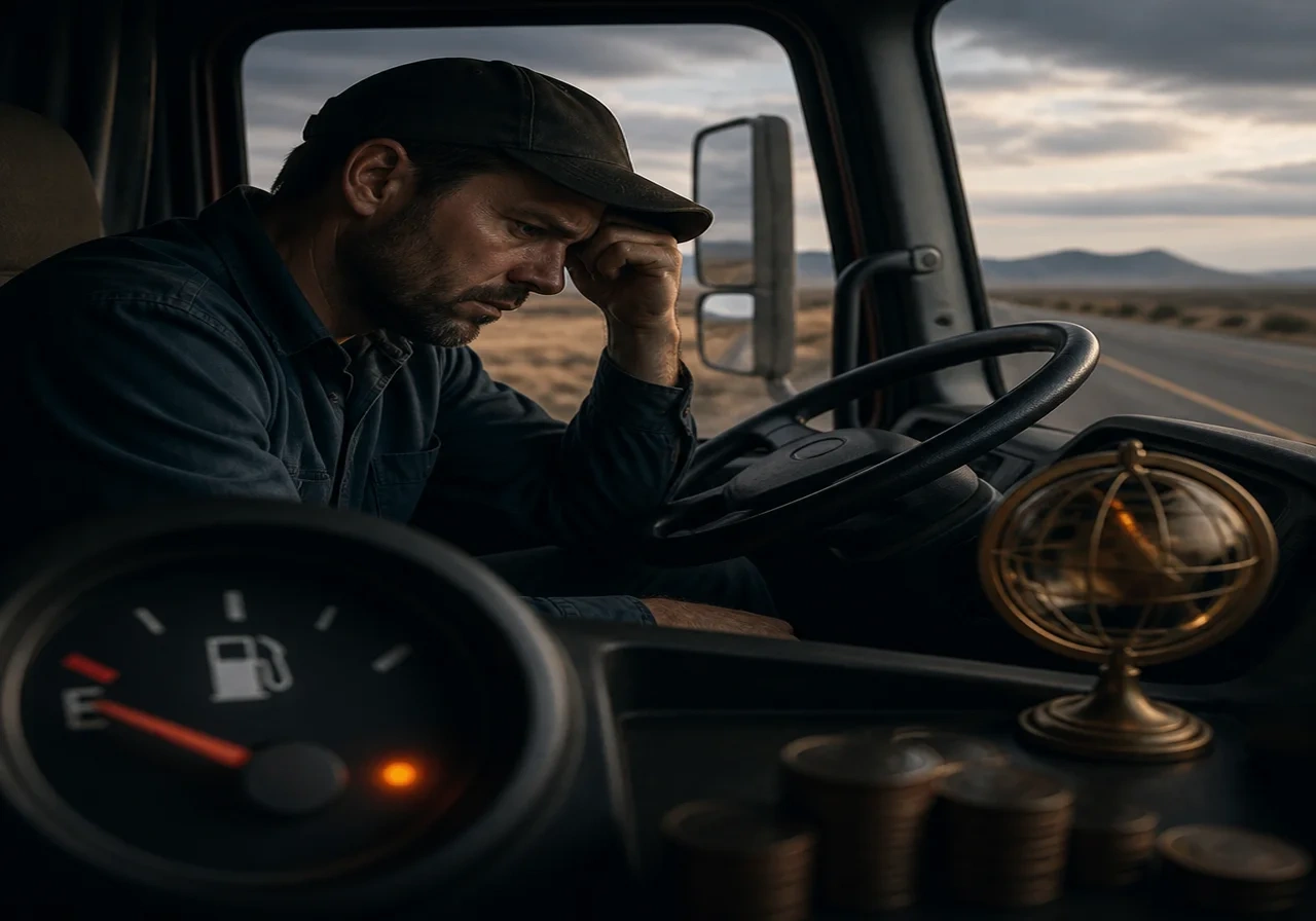 A truck driver looking concerned at a fuel gauge near empty, parked on a rural highway with dry landscape in the background.