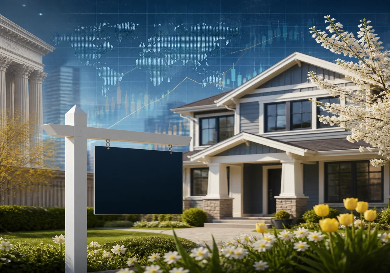 A modern suburban home with a 'For Sale' sign in the front yard, blooming spring flowers, and a clear blue sky, conveying a vibrant homebuying season.