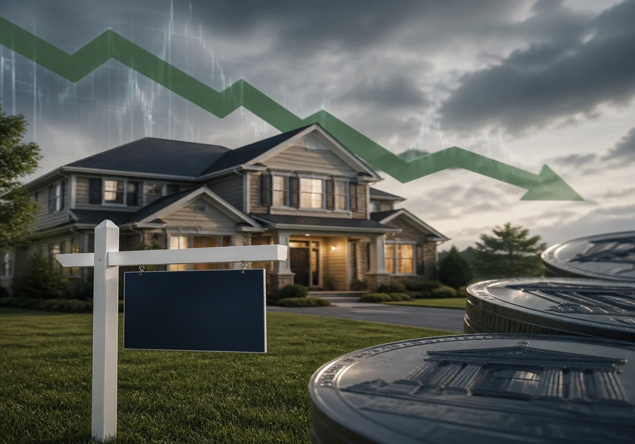 A suburban house with a 'For Sale' sign in the front yard, with a subtle green arrow pointing downward in the background to symbolize falling mortgage rates.