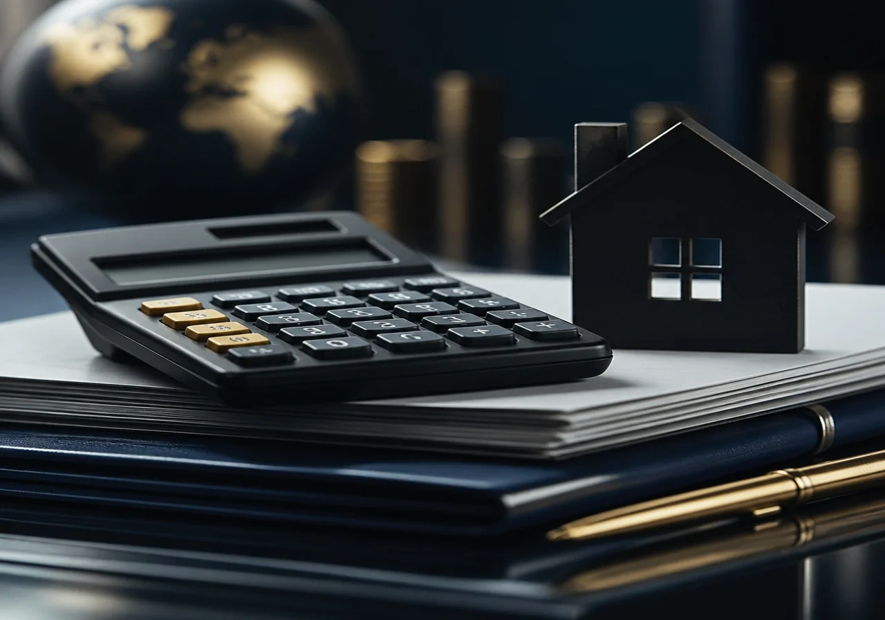 A close-up of a mortgage calculator on a stack of documents, with a small house silhouette to represent home financing.