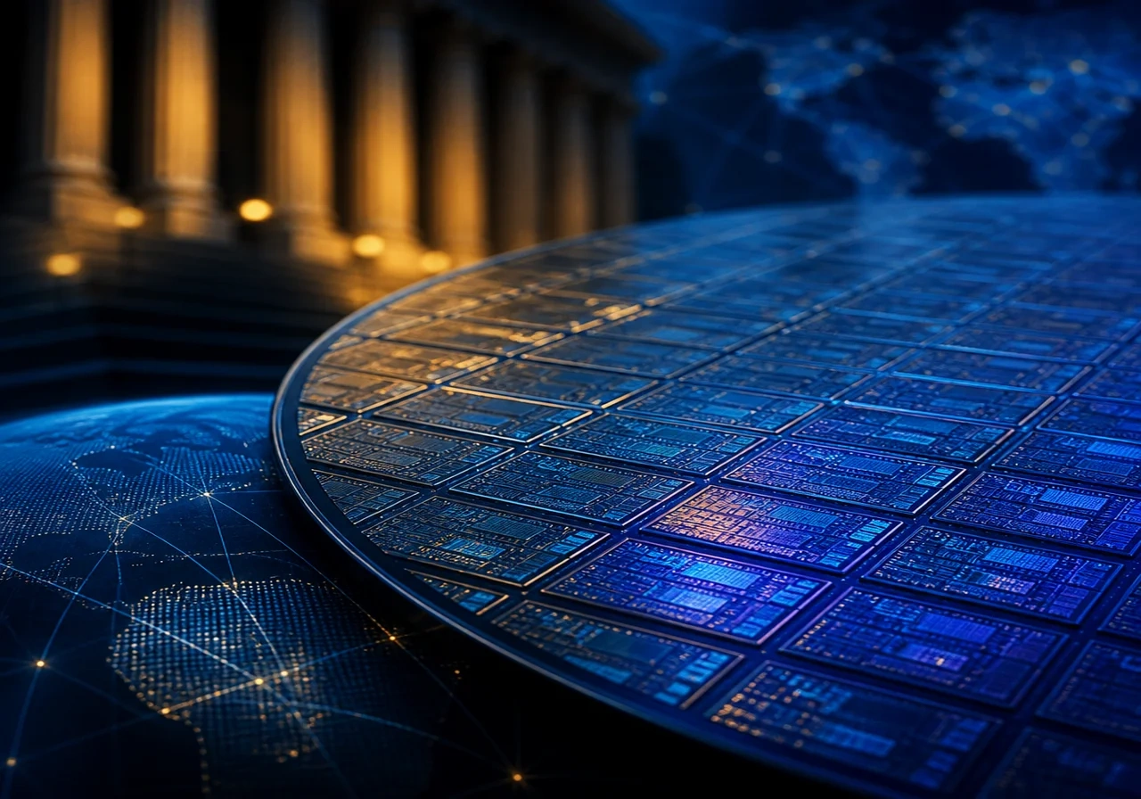 Silicon wafer with chip dies, macro close-up, blue neon lighting, high-tech manufacturing aesthetic