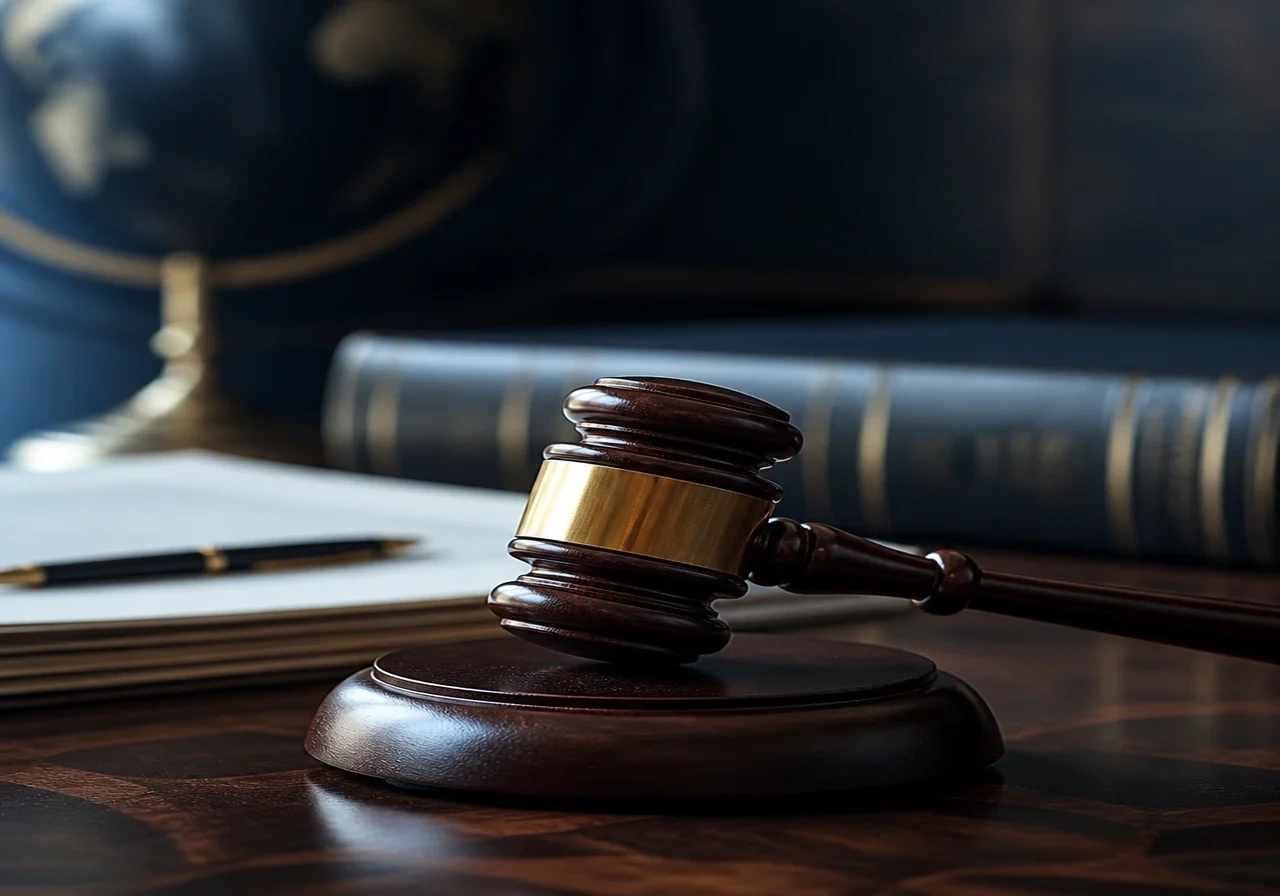 A wooden judge's gavel and sound block on a courtroom desk, with blurred legal papers and a law book in the background.