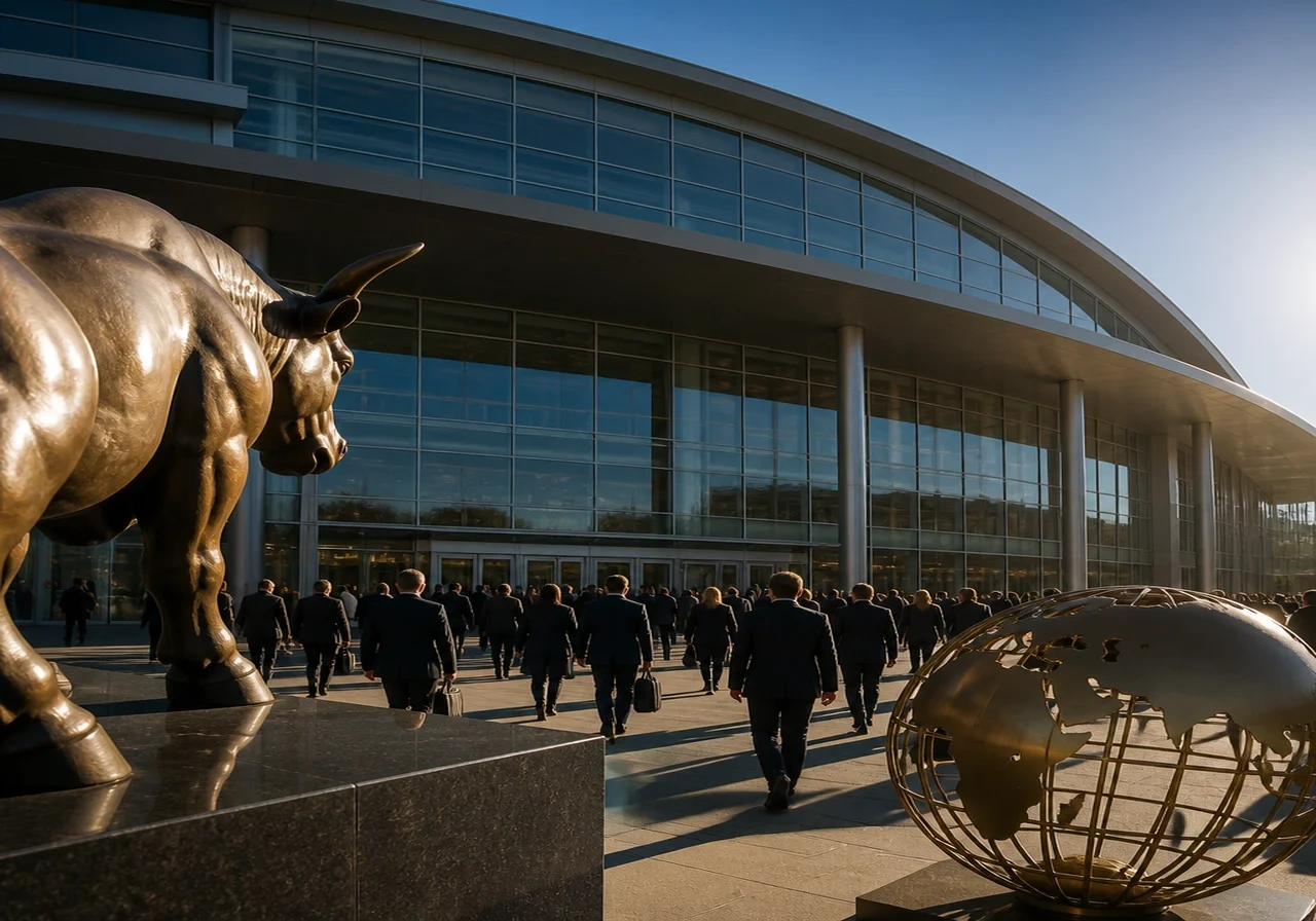 Exterior of the CHI Health Center in Omaha, Nebraska, the venue for Berkshire Hathaway annual meetings, with attendees entering on a sunny day.