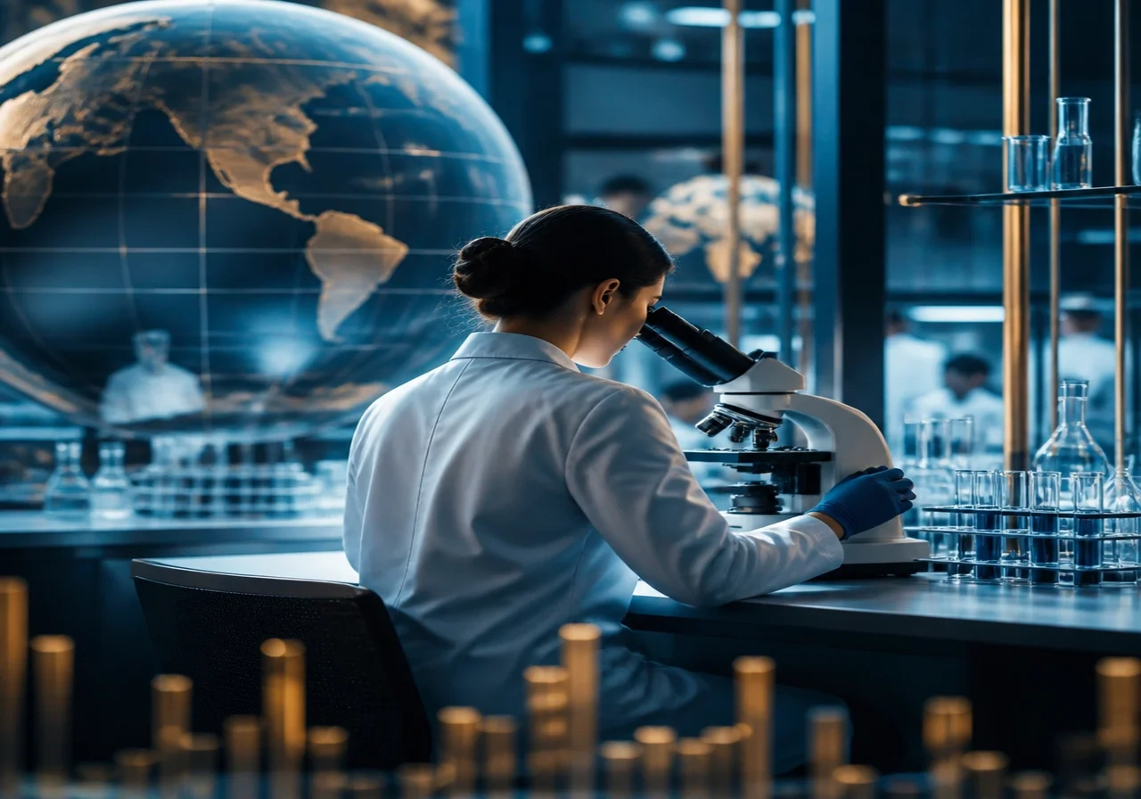 A scientist in a white coat working in a modern biotechnology laboratory with microscopes and test tubes