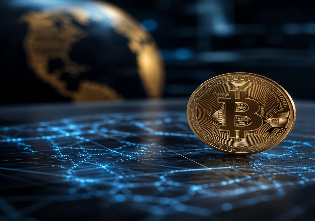 Bitcoin coin with glowing blue digital pattern resting on a dark surface, symbolizing cryptocurrency value.