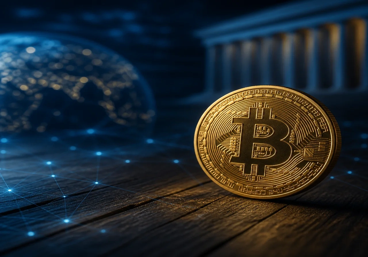 Close-up of a physical Bitcoin coin on a dark wooden surface, with soft blue ambient lighting and a faint digital network overlay.