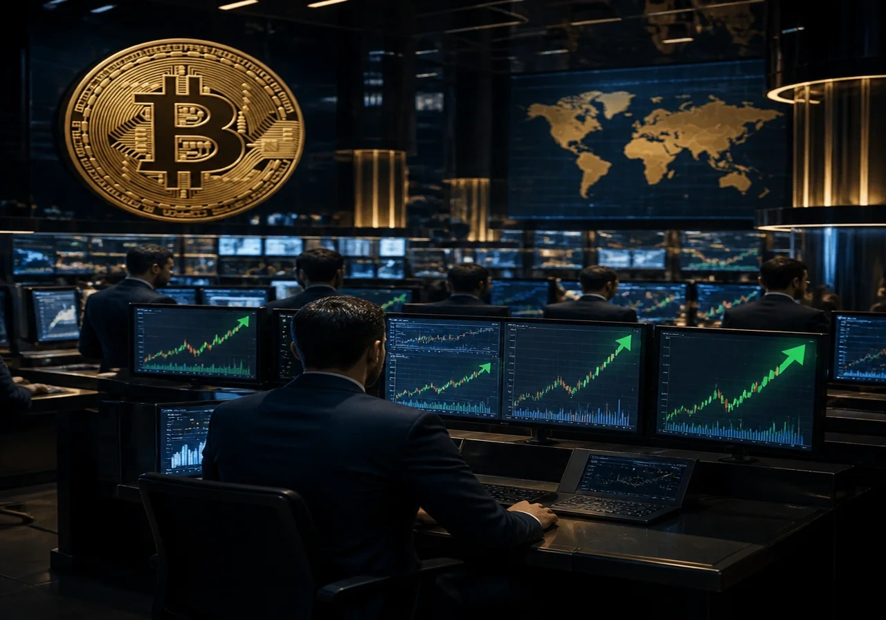 A bustling stock exchange trading floor with monitors displaying Bitcoin price charts and green upward arrows, emphasizing active trading.