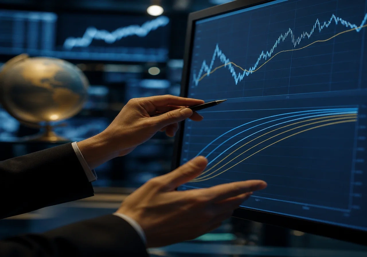 A close-up shot of a bond trader's hands pointing at a computer screen displaying CPI data and yield curves, with a blurred trading floor background.
