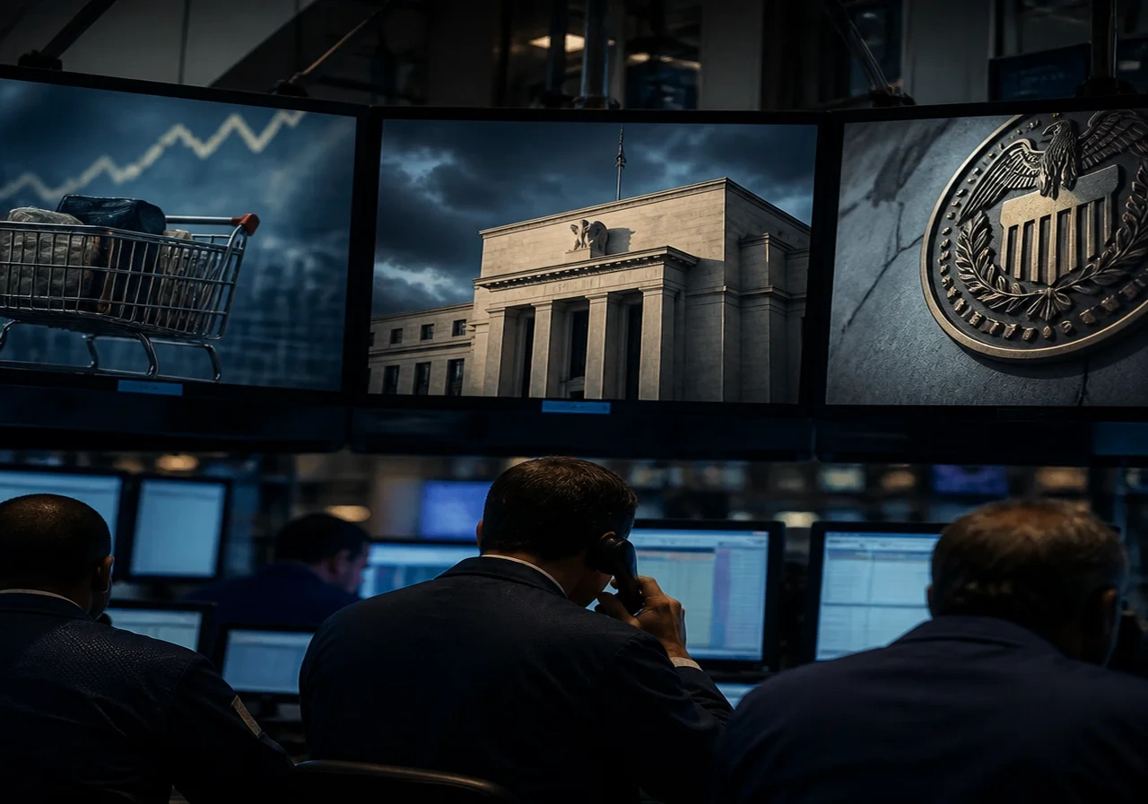Photo of a row of televisions on a trading floor showing news headlines about inflation and the Federal Reserve, with traders in the foreground.