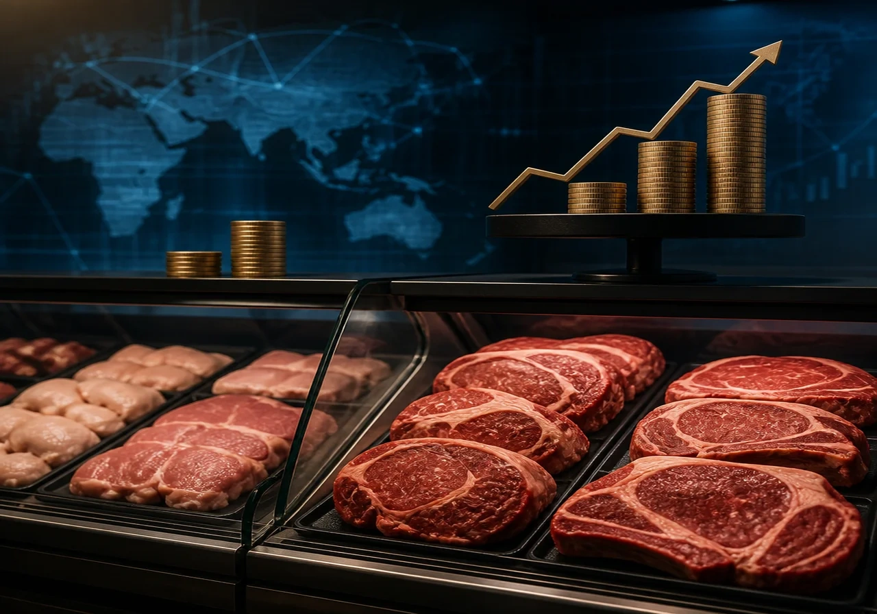 A grocery store meat section with price tags showing higher prices for beef cuts, illustrating consumer impact.