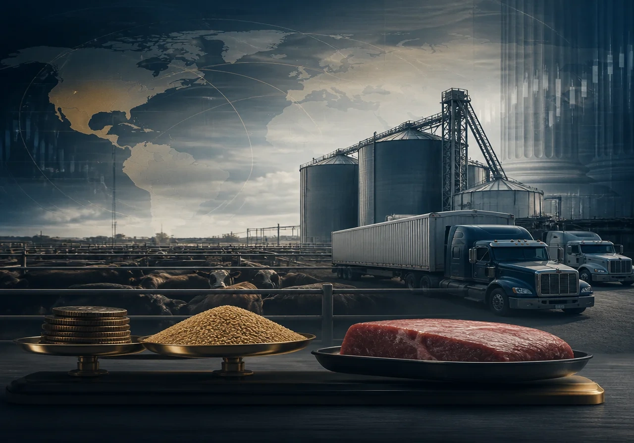 A cattle feedlot with silos and trucks, symbolizing the supply chain costs behind boxed beef.