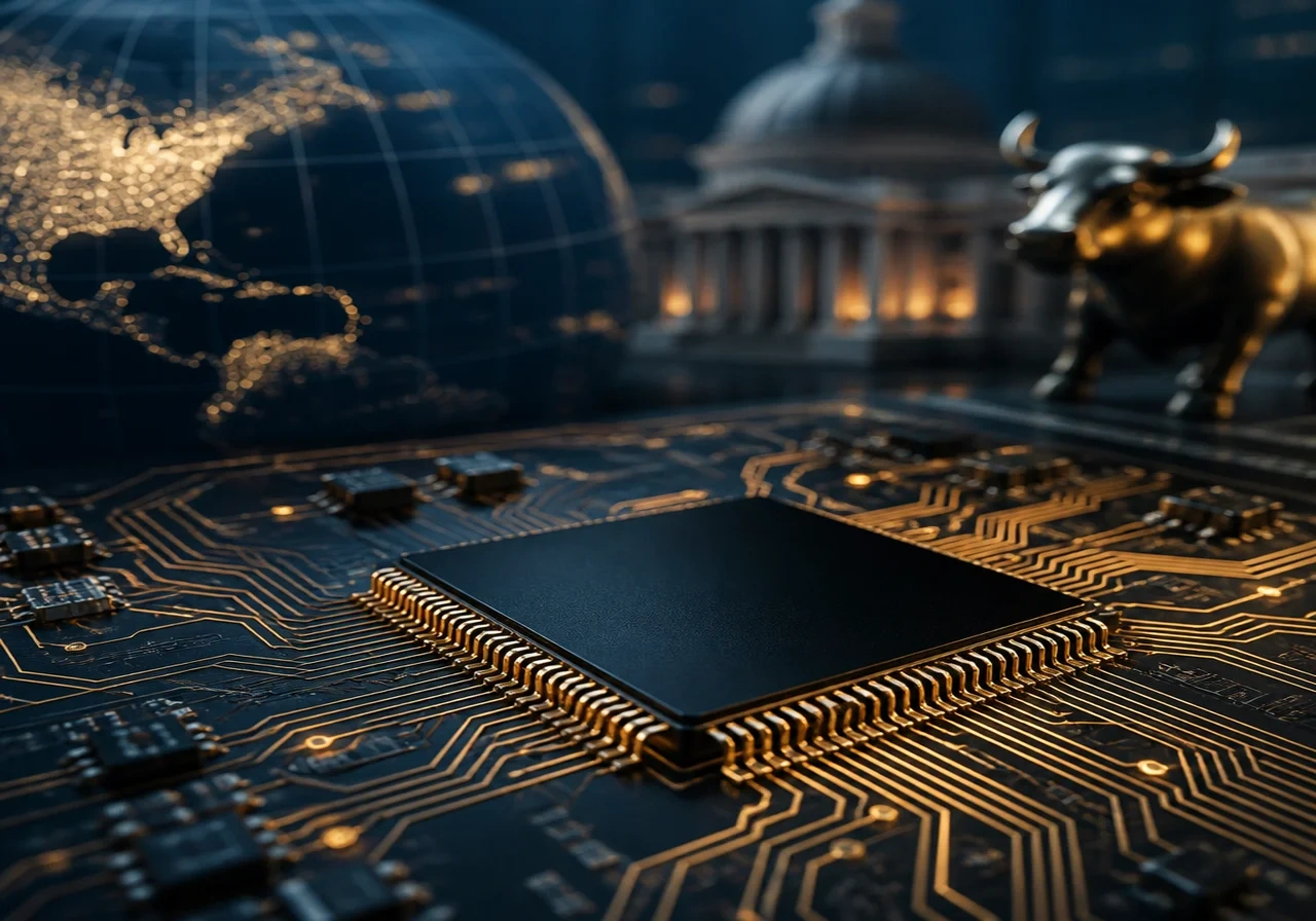 Close-up of a Broadcom semiconductor chip on a circuit board with glowing traces.