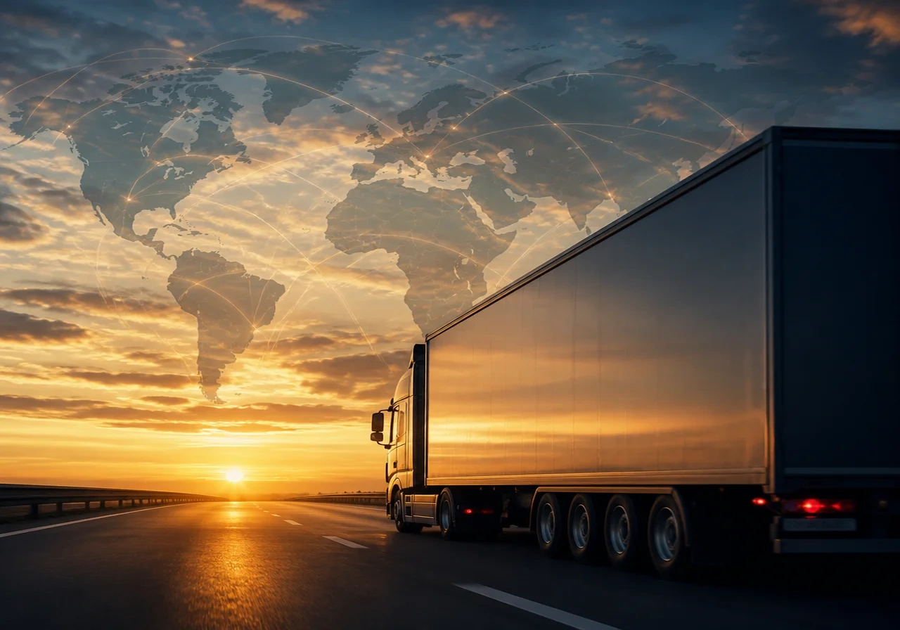 A FedEx freight truck driving on a highway at sunset, symbolizing logistics and trade.