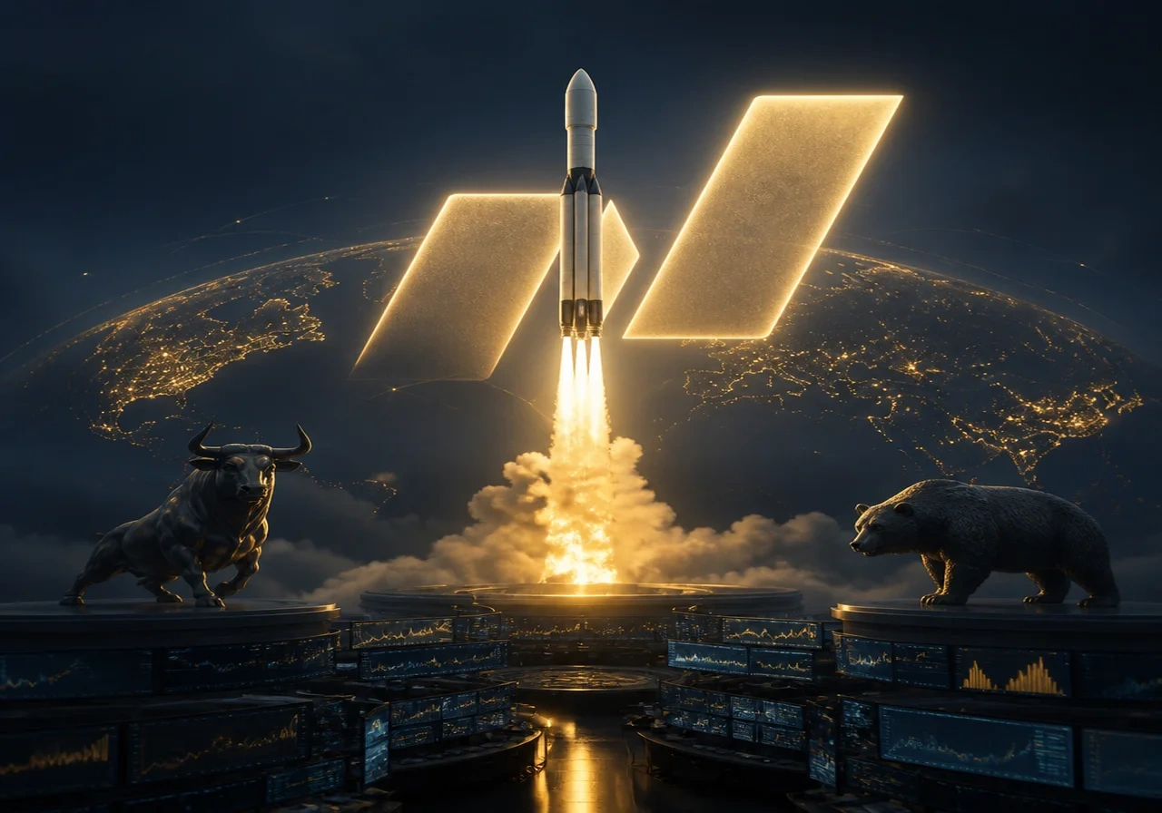 A stylized illustration of a SpaceX Falcon 9 rocket launching with the Nasdaq-100 logo glowing in the background, depicting the company's entry into the index.