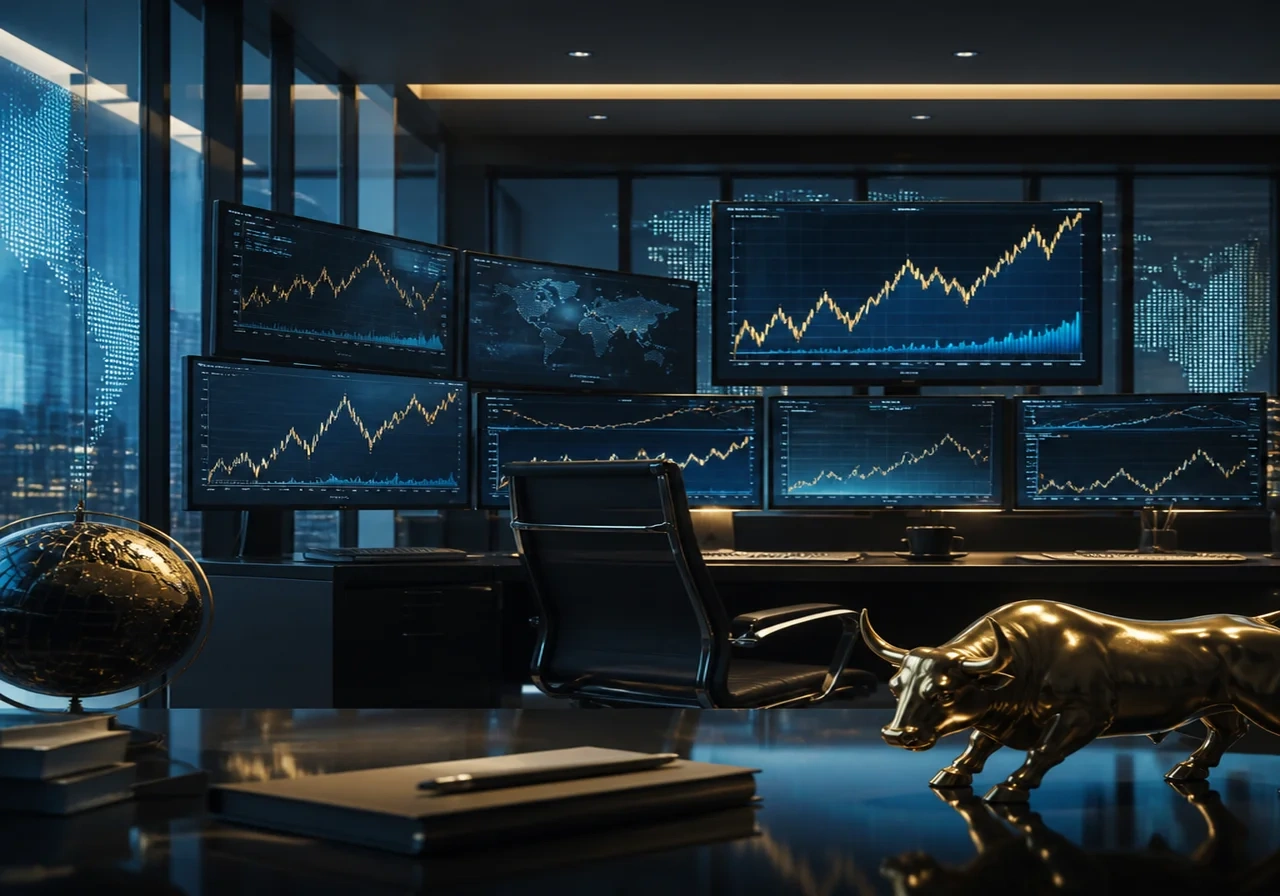 A digital art concept of a brokerage firm's office with multiple screens showing bullish stock charts and the SPCX ticker symbol.