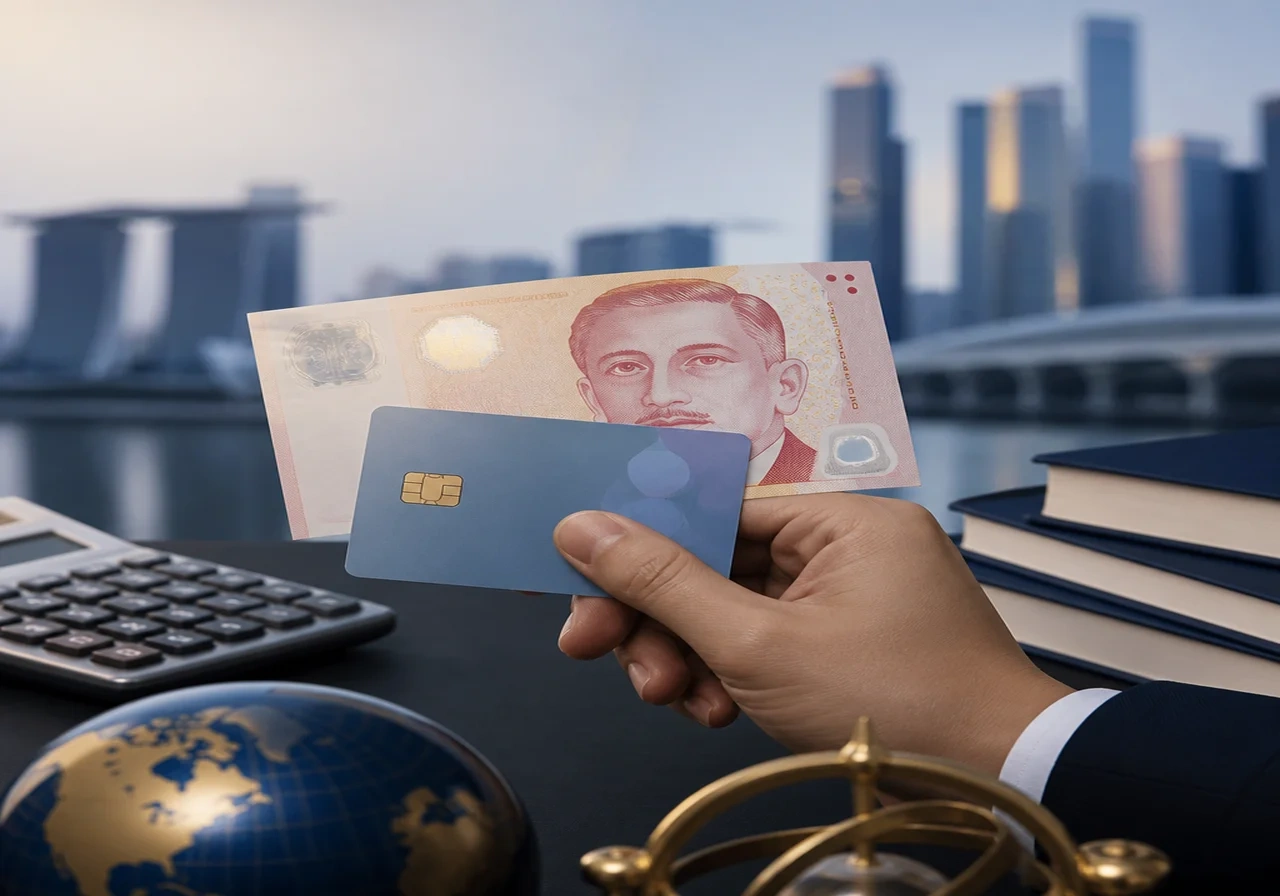 Close-up of a hand holding a Singapore dollar note and a CPF card, with a calculator and financial planning books on a desk, soft lighting.