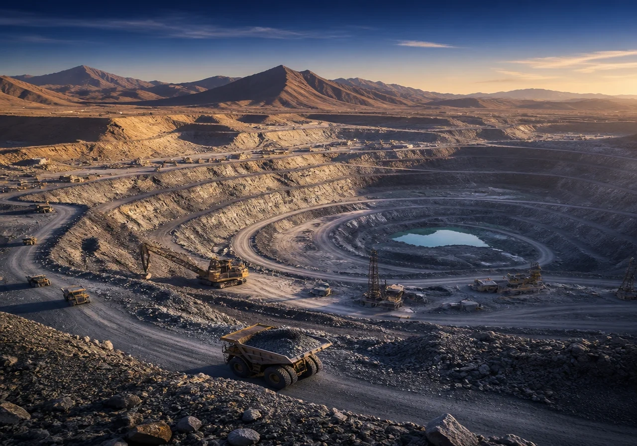 Aerial view of a large open-pit lithium mine with terracing and extraction equipment under a blue sky.
