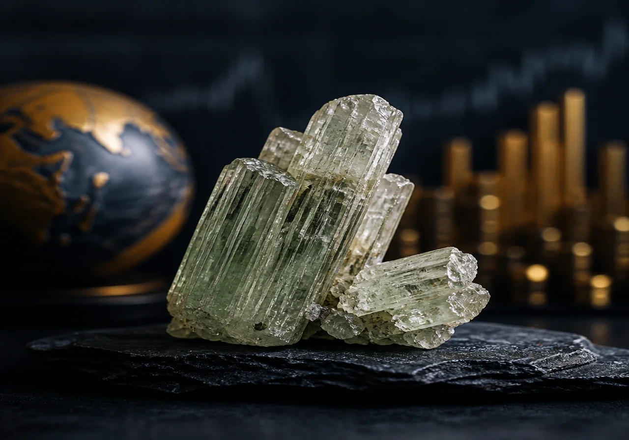 Macro close-up of raw spodumene crystals on a dark background with soft lighting.