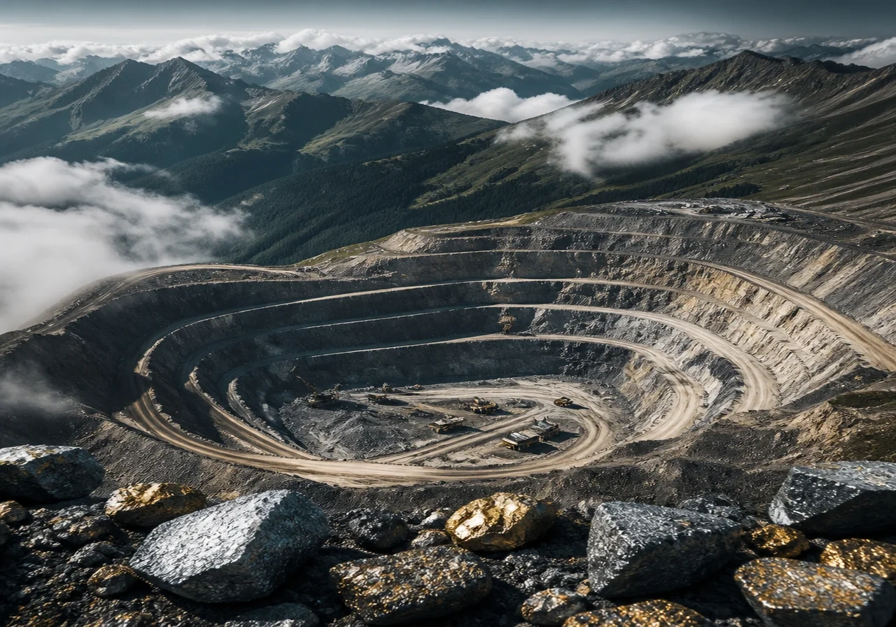 Aerial view of the Wolfsberg lithium project in Austria, with open-pit mining operations and surrounding alpine landscape.