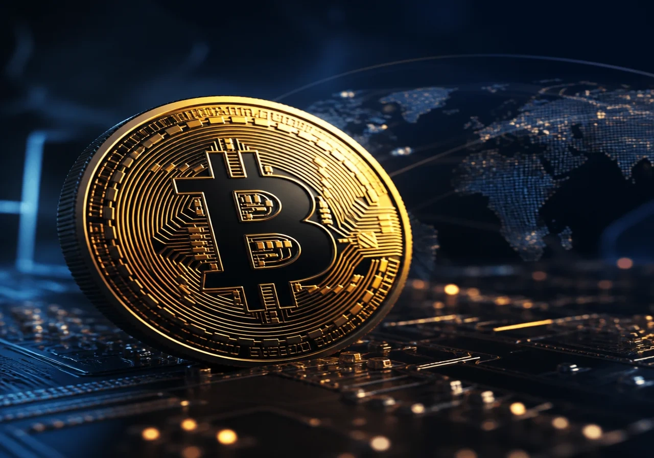 Close-up of glowing digital Bitcoin coin with intricate circuit patterns, dark background, blue and orange hues, futuristic financial illustration.