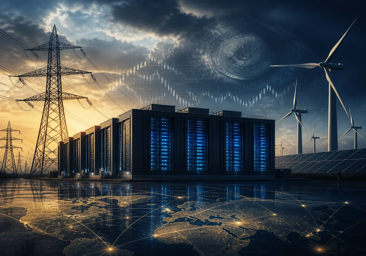 A modern data center surrounded by transmission lines and renewable energy sources, illustrating AI's growing power demand.