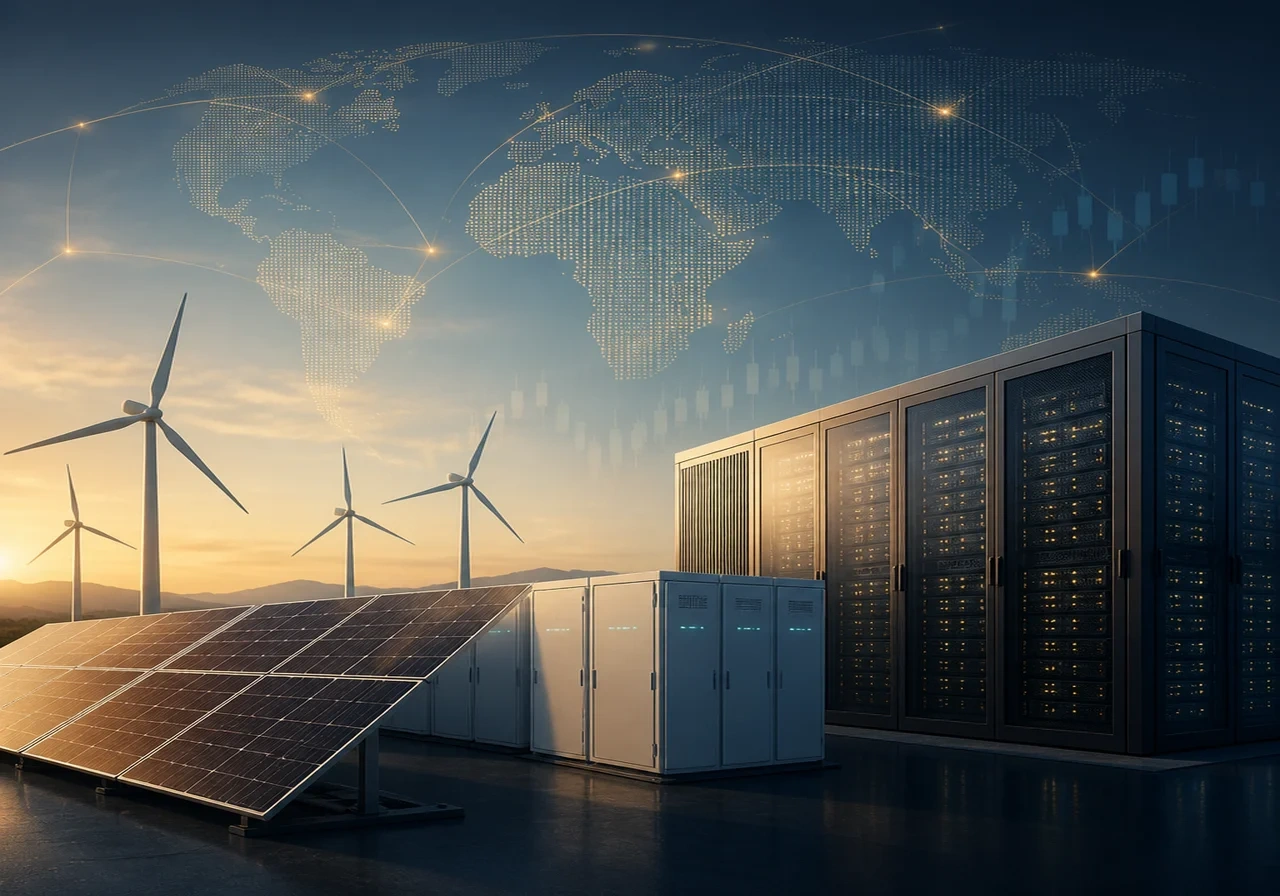 Solar panels and battery storage units next to a data center, representing clean energy for AI.