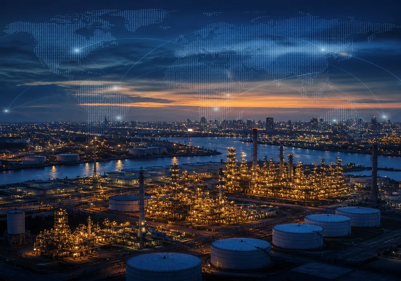 An aerial view of an oil refinery complex at dusk with illuminated towers and storage tanks.