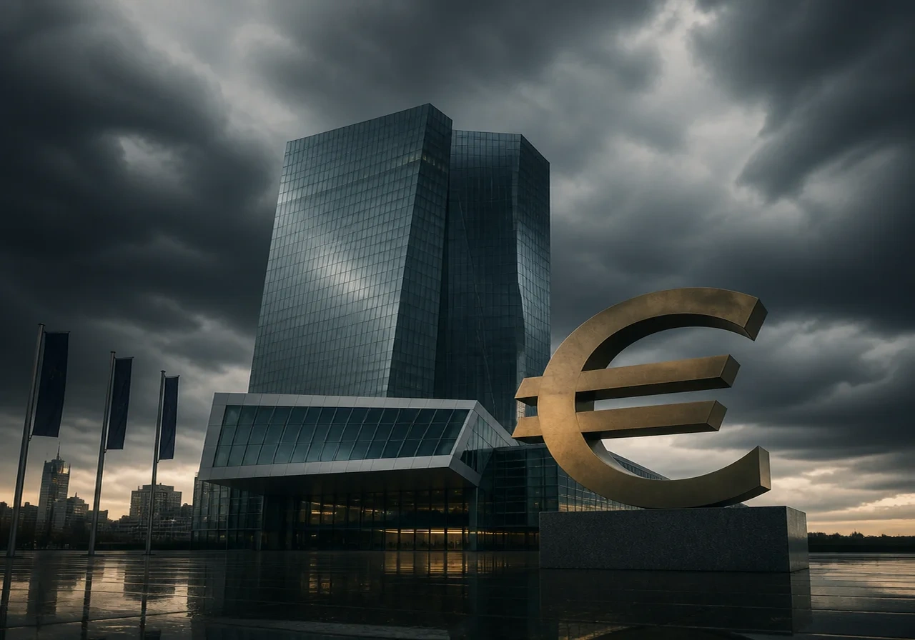 The European Central Bank headquarters under a dramatic, overcast sky, conveying financial storm warnings.