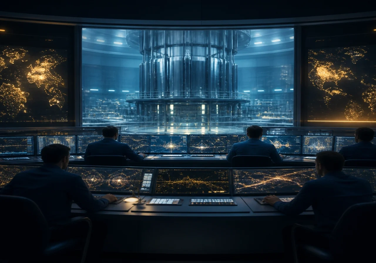 A modern nuclear reactor control room with engineers monitoring digital displays, soft blue light.