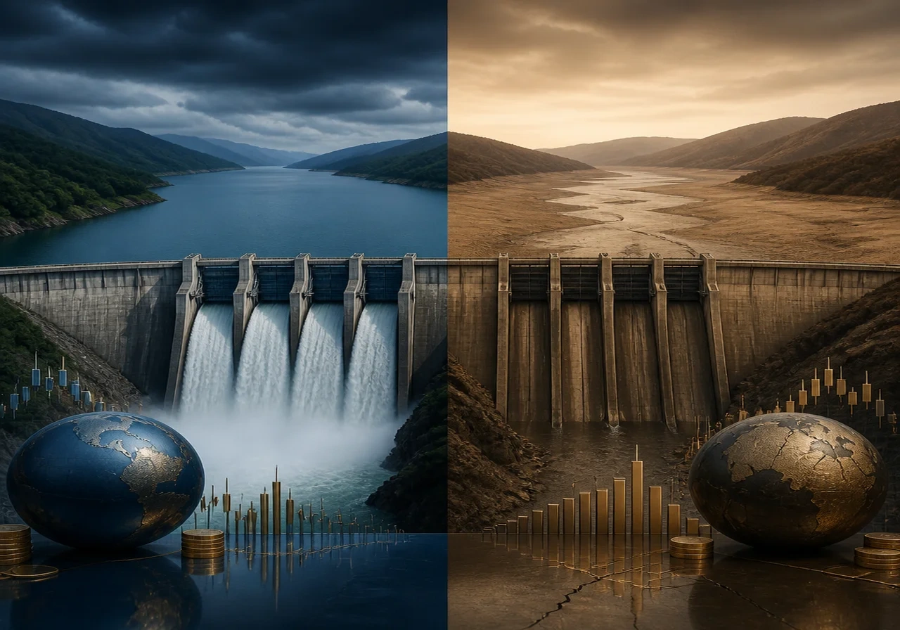 Side-by-side comparison of a hydroelectric dam during normal versus drought conditions caused by El Niño, illustrating reduced water levels.